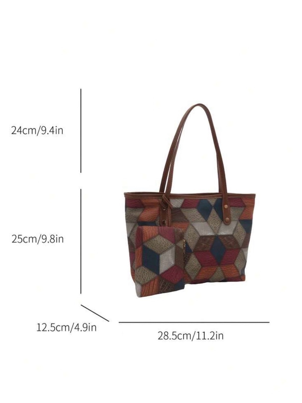 Multicolor Geometric Tote with Matching Wallet - Brown Trim - Picture 5 of 5